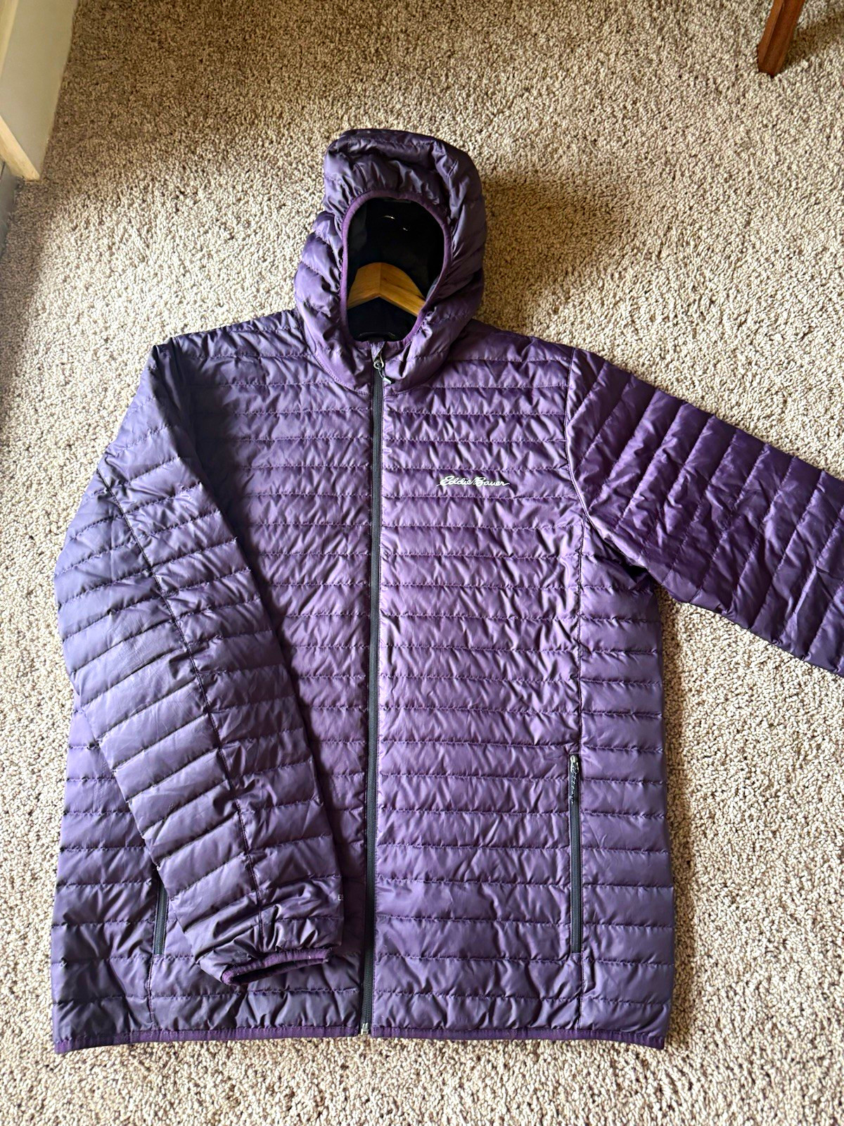 Eddie Bauer Men’s TXL Purple Hooded Down Puffer Jacket Full Zip Mid-Length