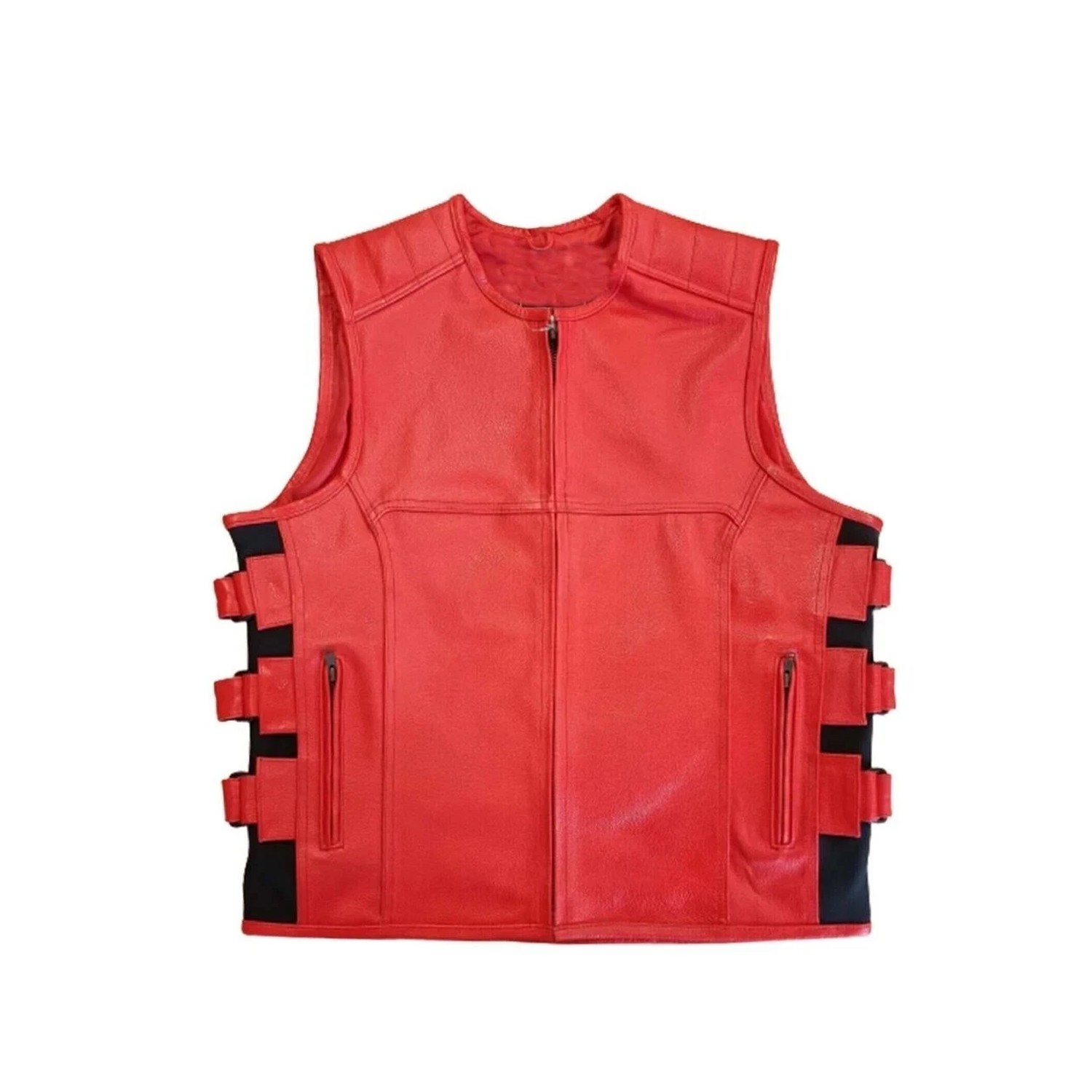 Men Leather Motorcycle Vest Side Buckle Strap Front Zipper Club Style Biker Vest