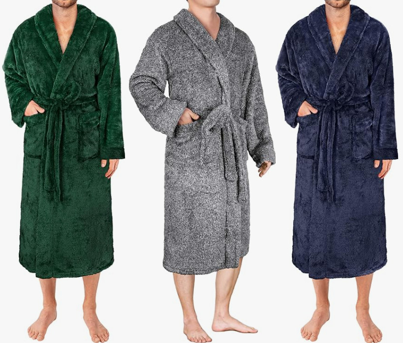 Mens Soft Robe Microfiber Bathrobe Long Spa Robe Male Sleepwear Fluffy Sherpa
