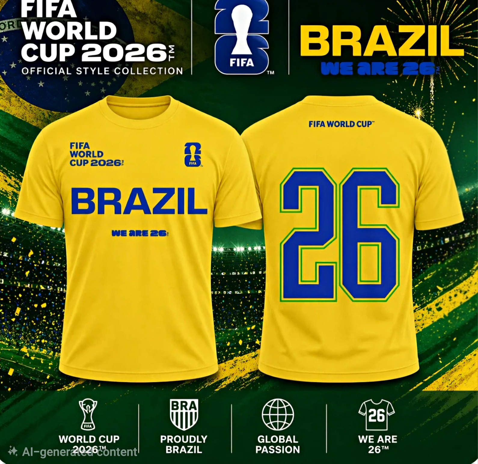 FIFA World Cup 2026 Brazil Official Style Collection Yellow T-Shirt Mens M