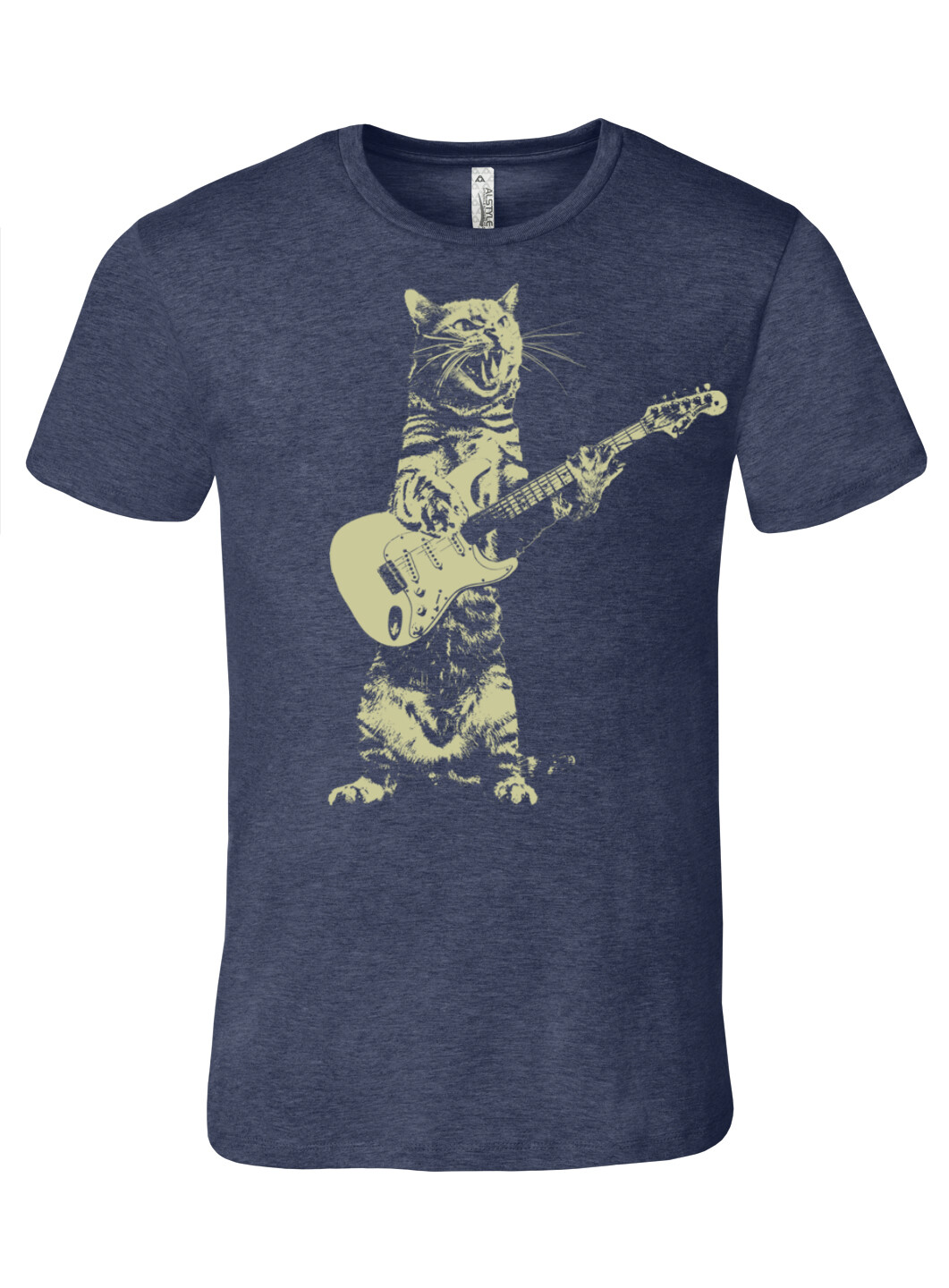 Cat playing guitar, men’s heather navy premium quality tee t shirt