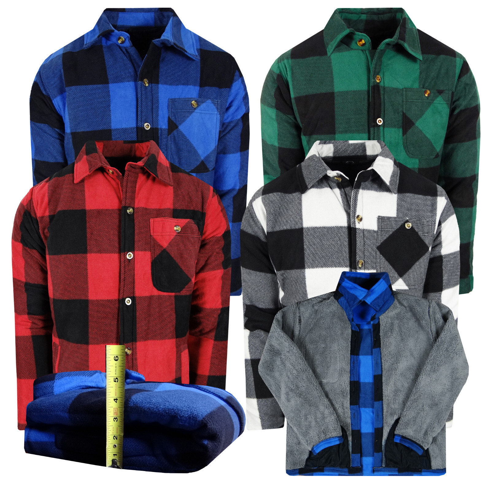 Sherpa Lined Flannel Plaid Shirt Jacket Mens Fuzzy Fleece THICK 4 Pocket Sz M-5X