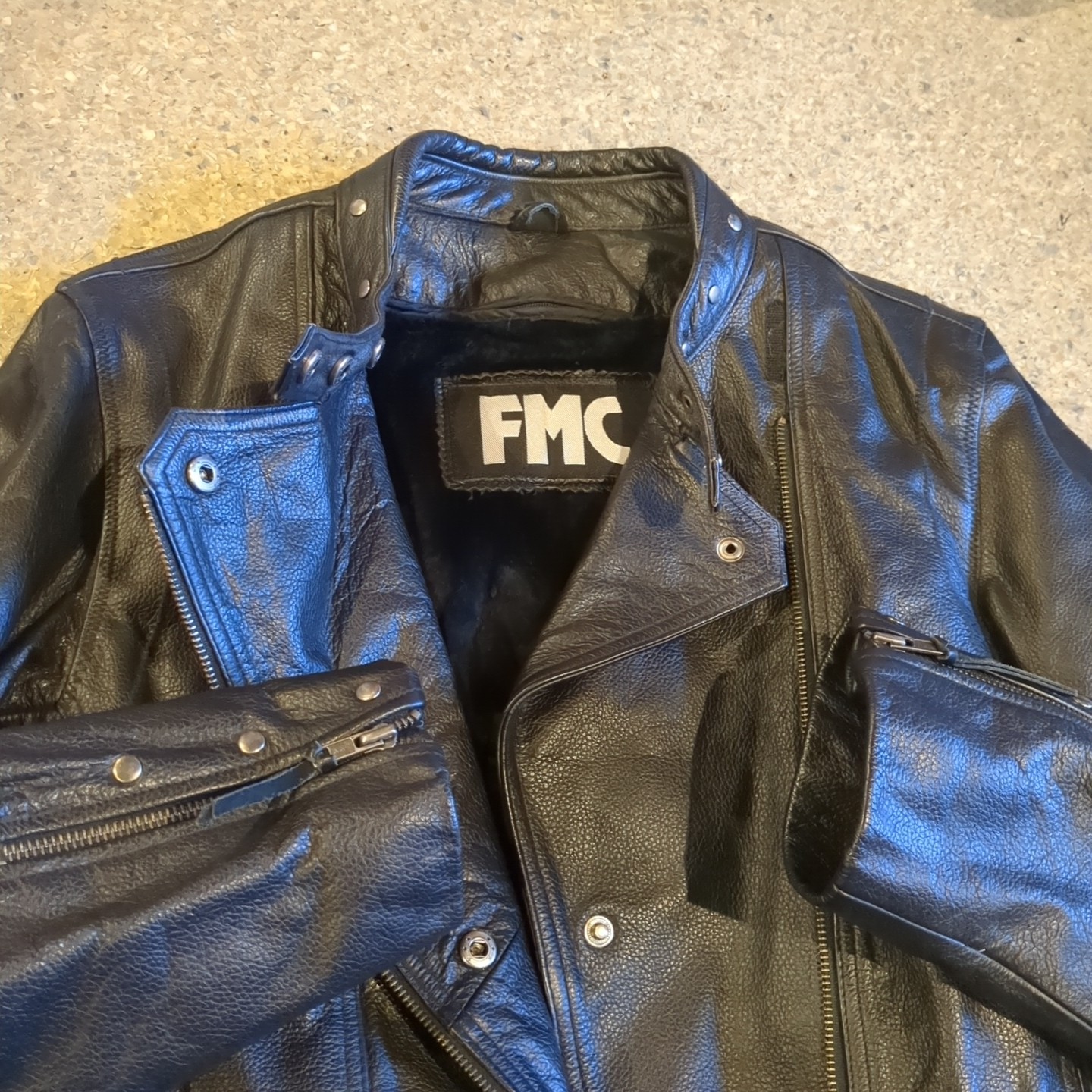 FMC 100% Leather Biker Moto Jacket Black Size XXL Removable 100% Acrylic Lining