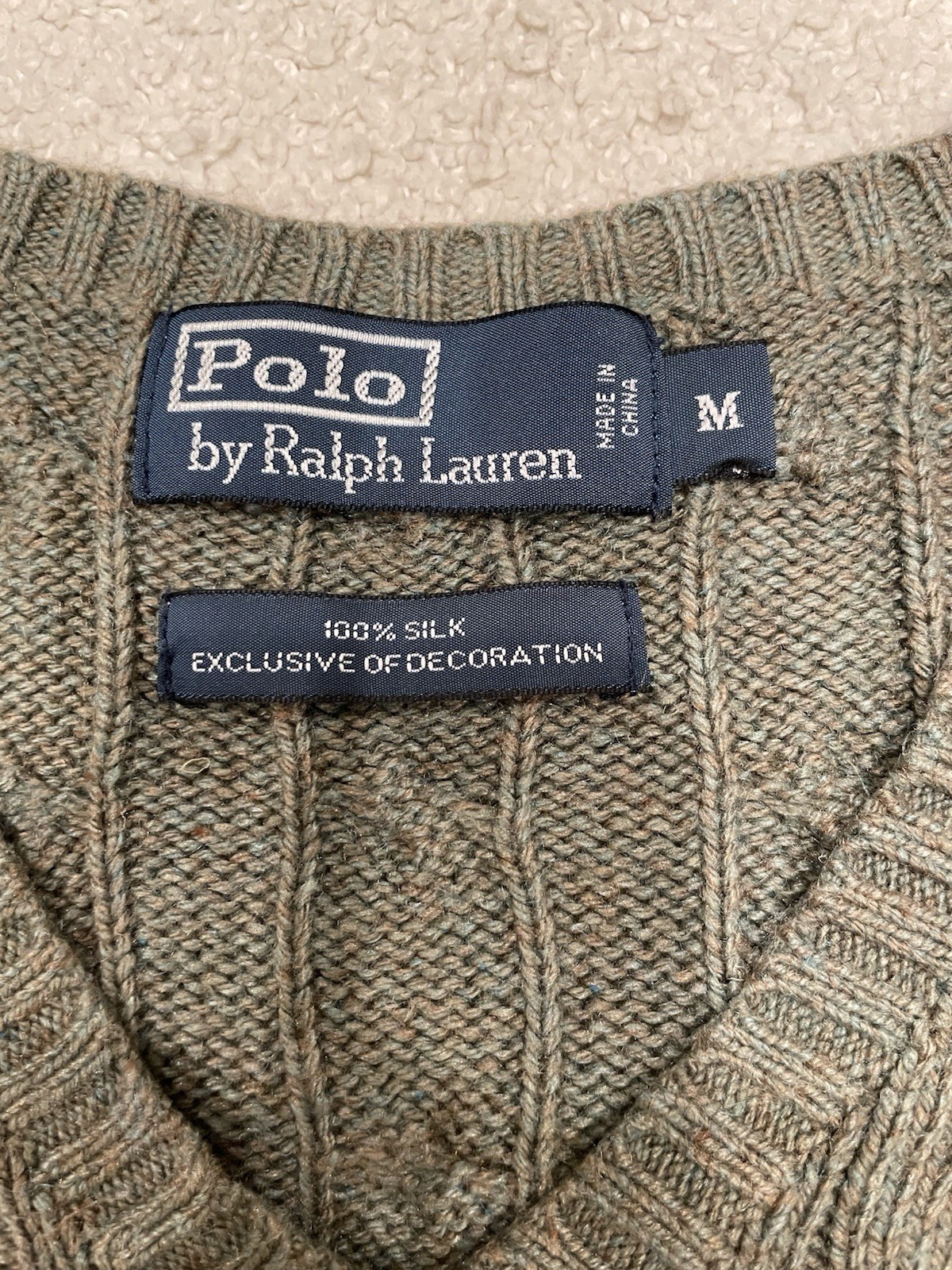 Polo Ralph Lauren 100% Silk Cable Knit Sweater Men’s M Olive Green V Neck Pony