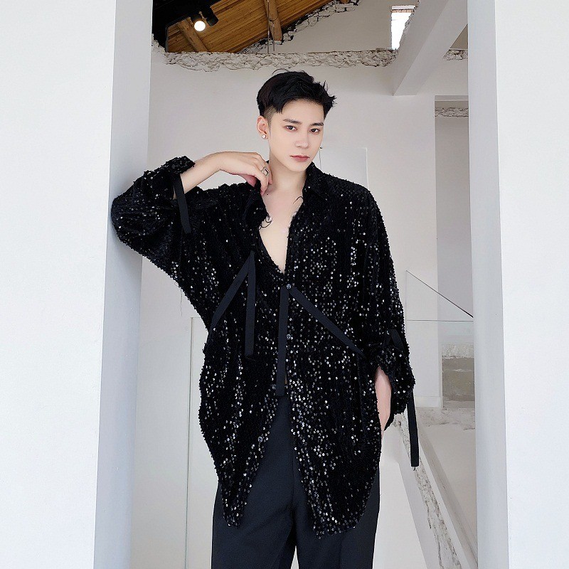 Men Sequined Velvet Button Shirt Long Sleeve Strap Glitter Nightclub Performance