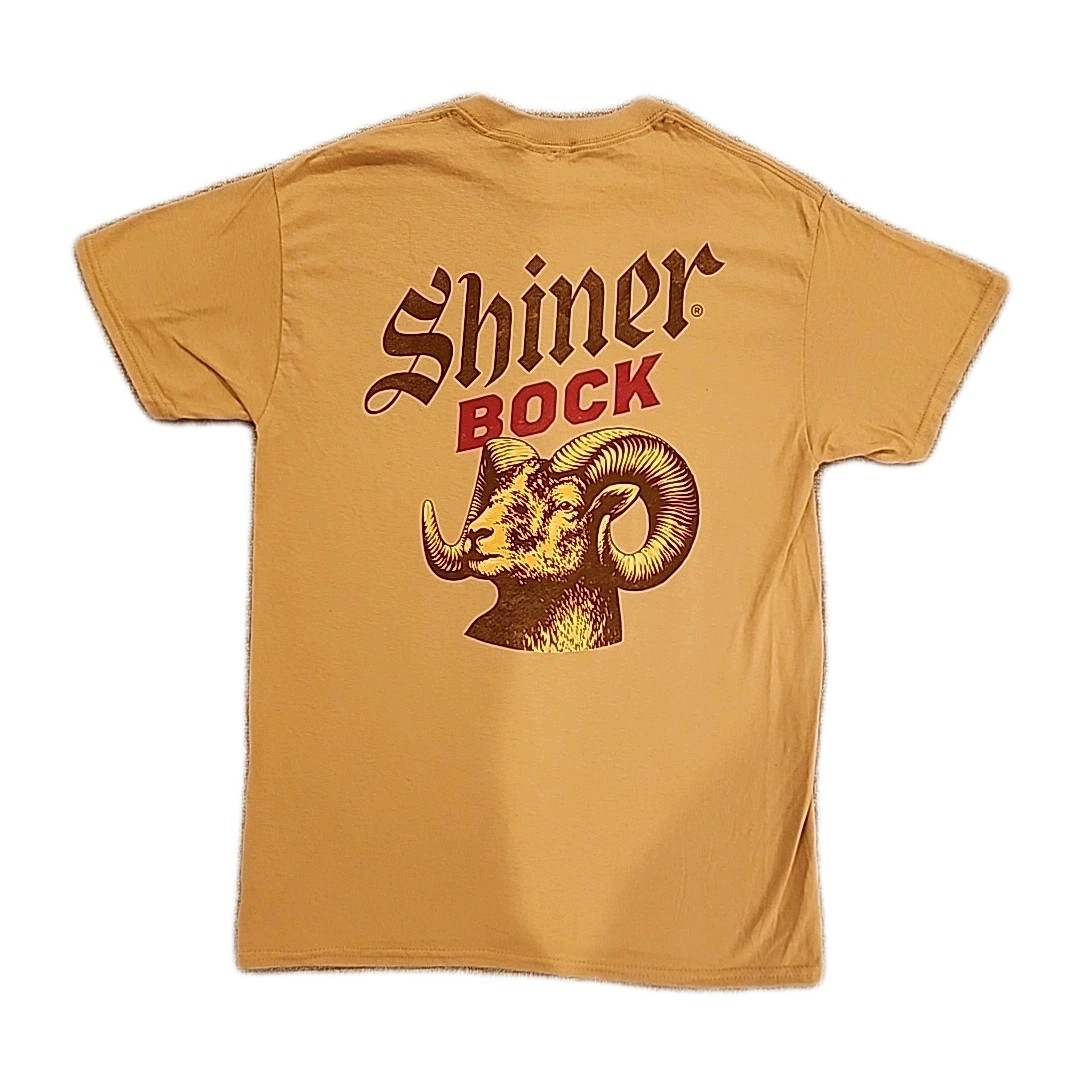 New Shiner Bock Beer Ram Logo Mens Medium Gold Cotton Dad T-shirt