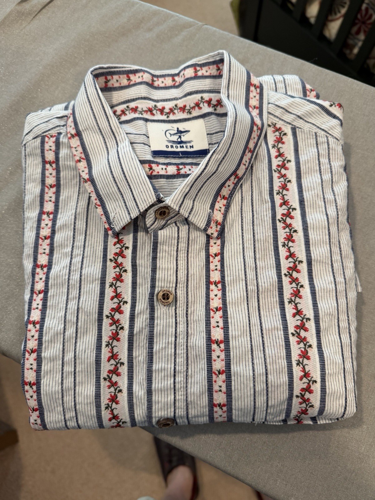 Oromen Shirt Mens L Floral Flower Asian Print Hawaiian Aloha Button Up