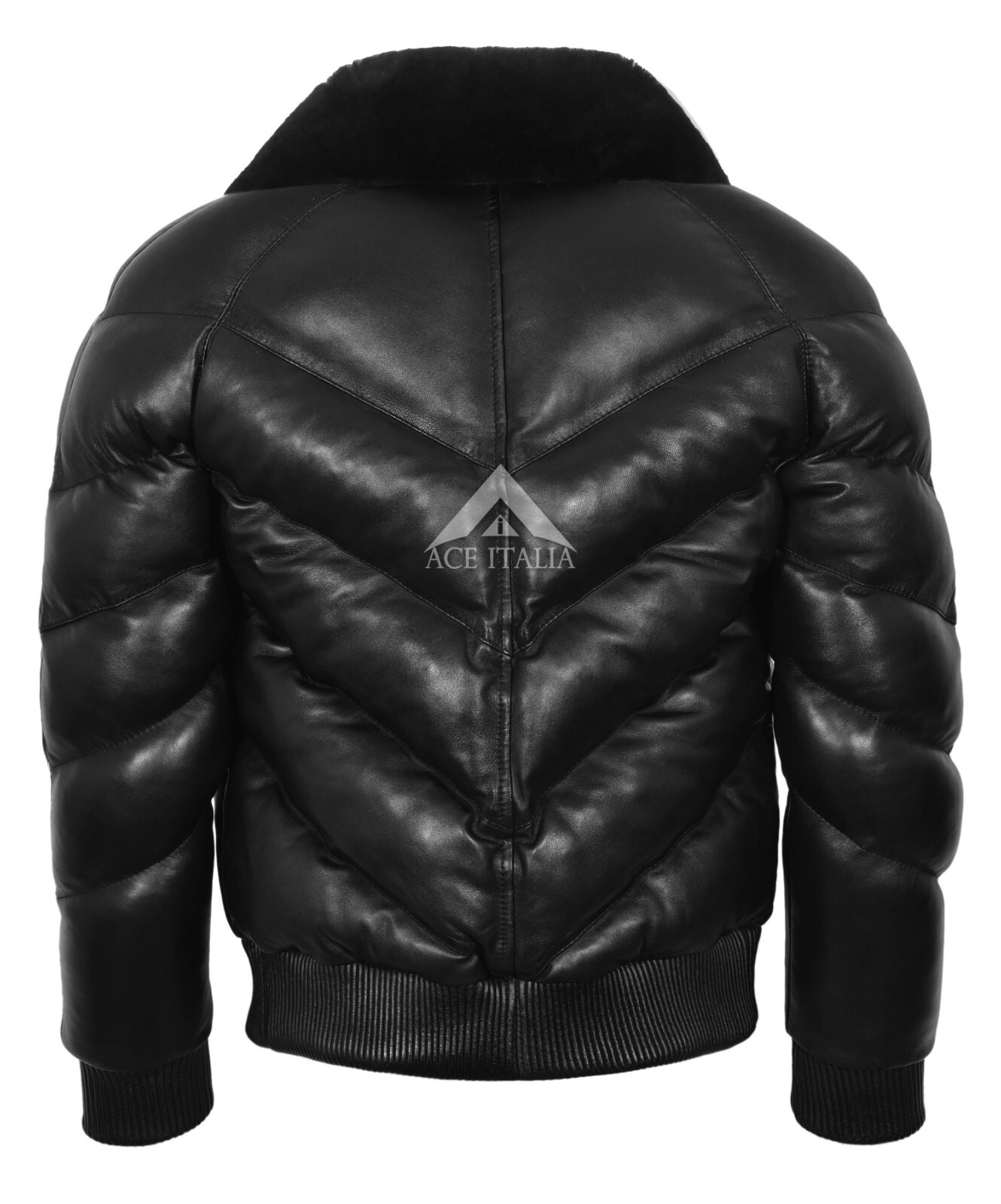 Men’s Ace Puffer Leather Jacket Black Sheepskin Soft Collar WARM Bomber Jacket