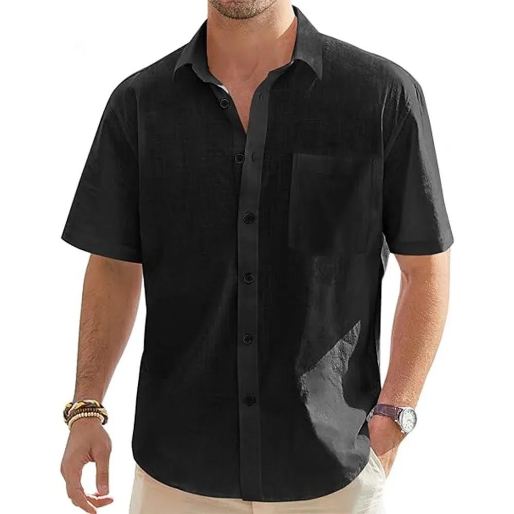 Men’s Solid Color Cotton Linen Short Sleeve Shirts Vacation Beach Summer Tops Wi