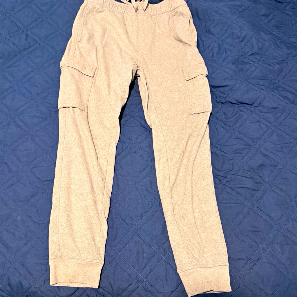 Men’s Beige Cargo Pants Solid Elastic Waist w/ Cargo Pockets Size S Regular