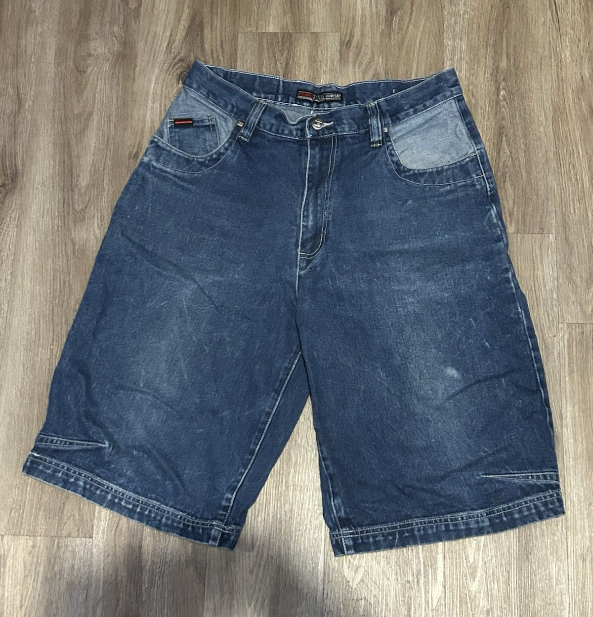 FUBU Men’s Blue Denim Shorts Loose Fit 5-Pocket Zip Logo Accents
