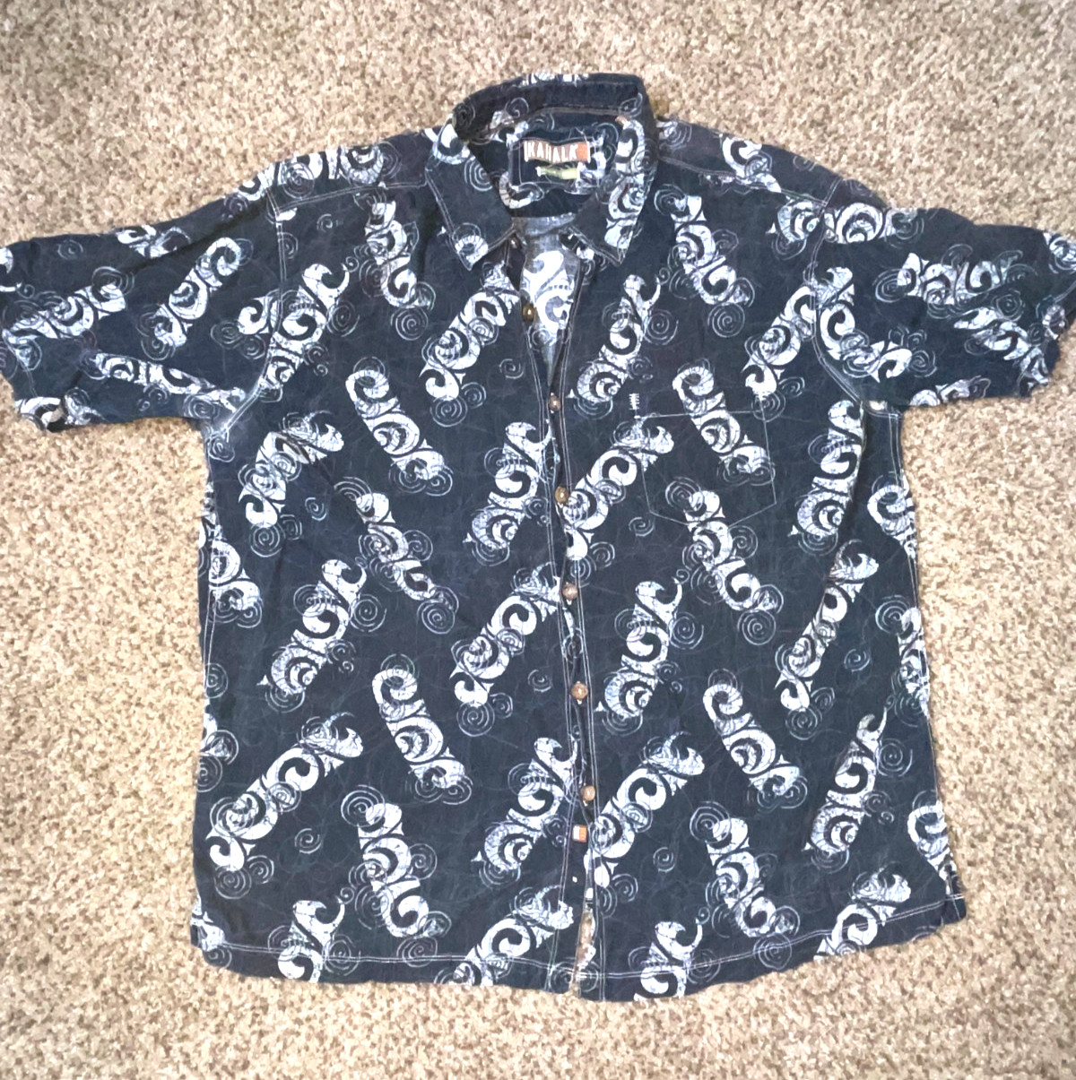 Kahala 1936 Organic Hawaiian Shirt Men’s 2XL Black Gray Tribal Aloha Button Up