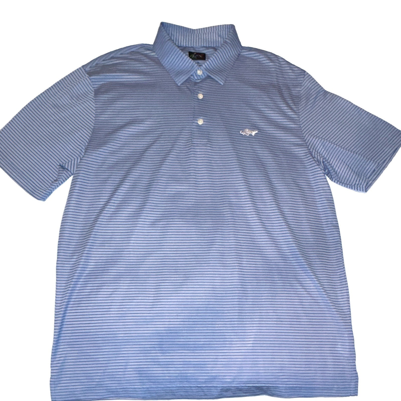 Greg Norman PlayDry Men’s L Blue Striped Performance Golf Polo Shark Logo
