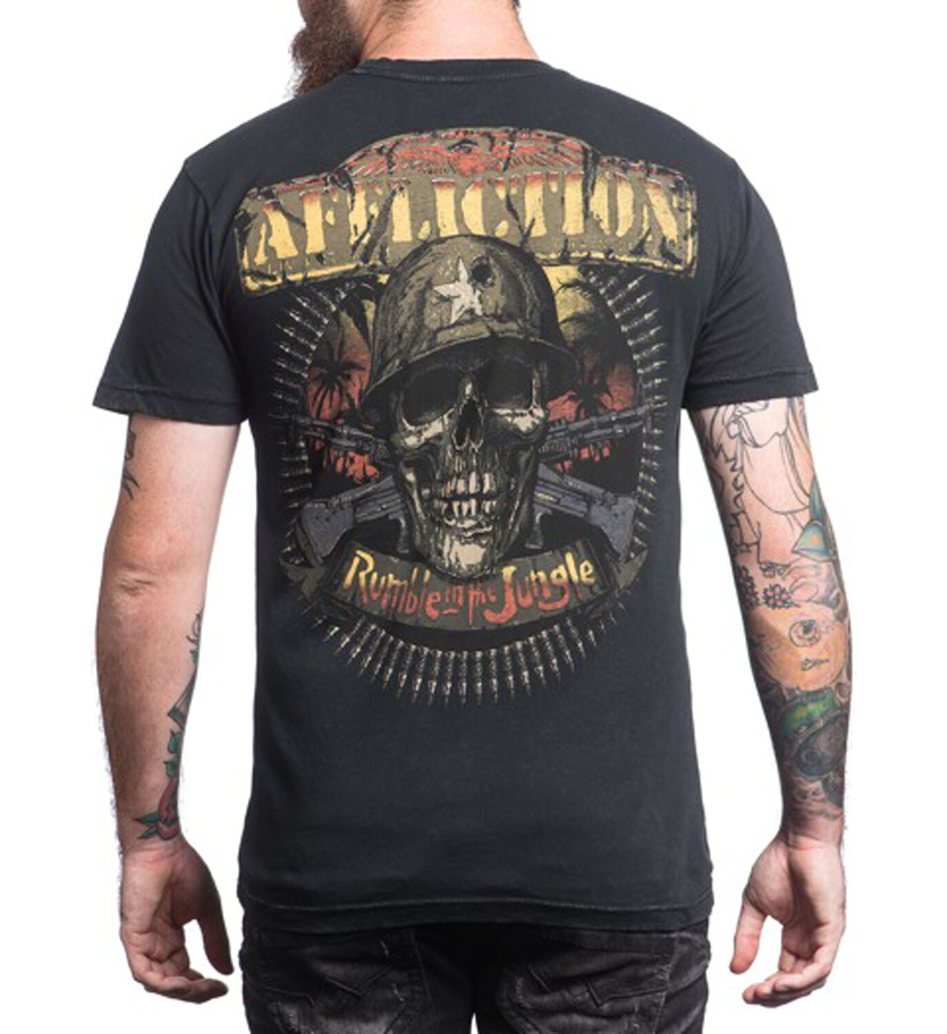 Affliction Men Shirt S/S Crew Neck Skull Rumble In The Jungle Bullets Black Wash