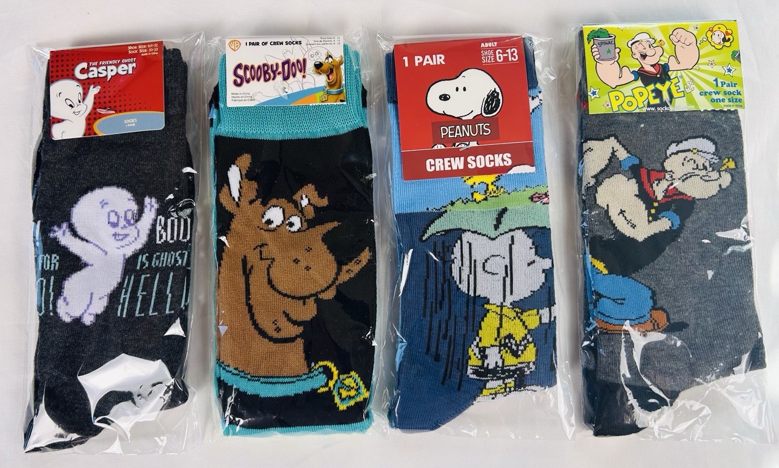 New Classic Comics Crew Socks Adult Unisex Casper Scooby Peanuts Popeye 4 Pairs