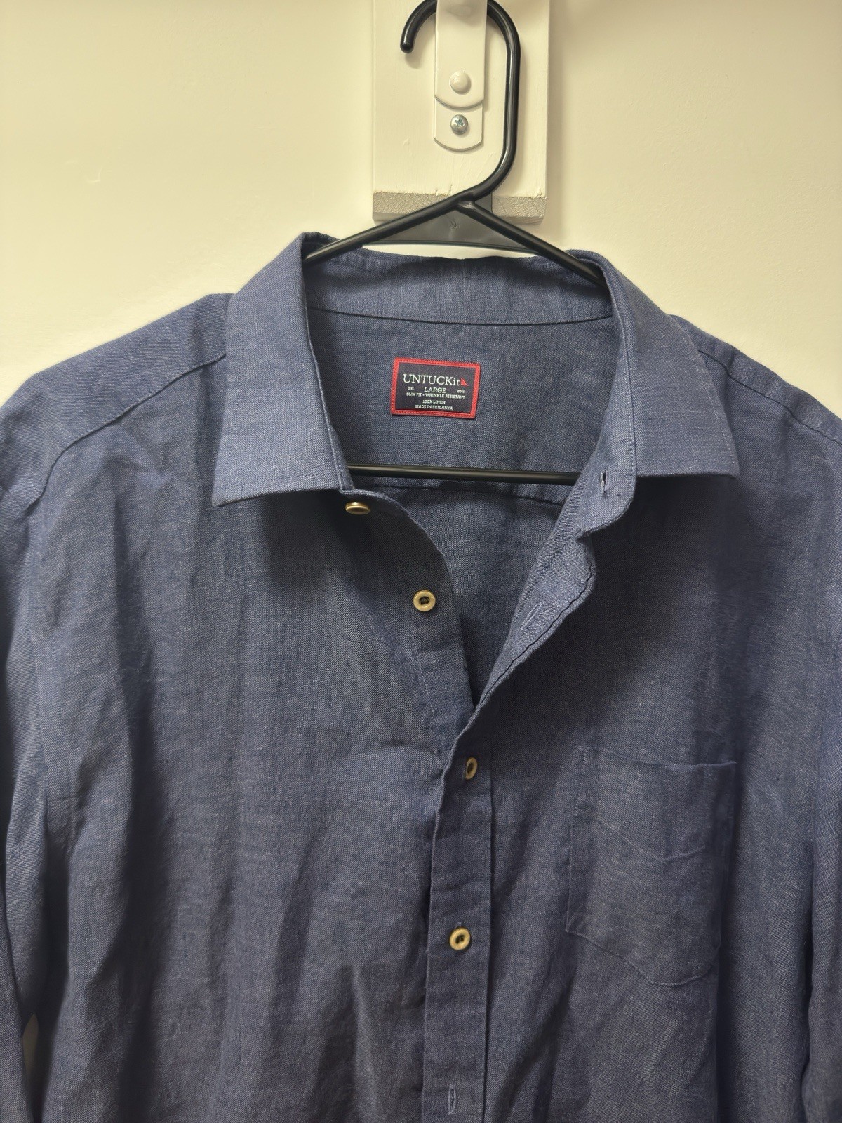 UNTUCKit 100% Linen Shirt Mens L Blue Vin Santo Navy Wrinkle Resistant Summer