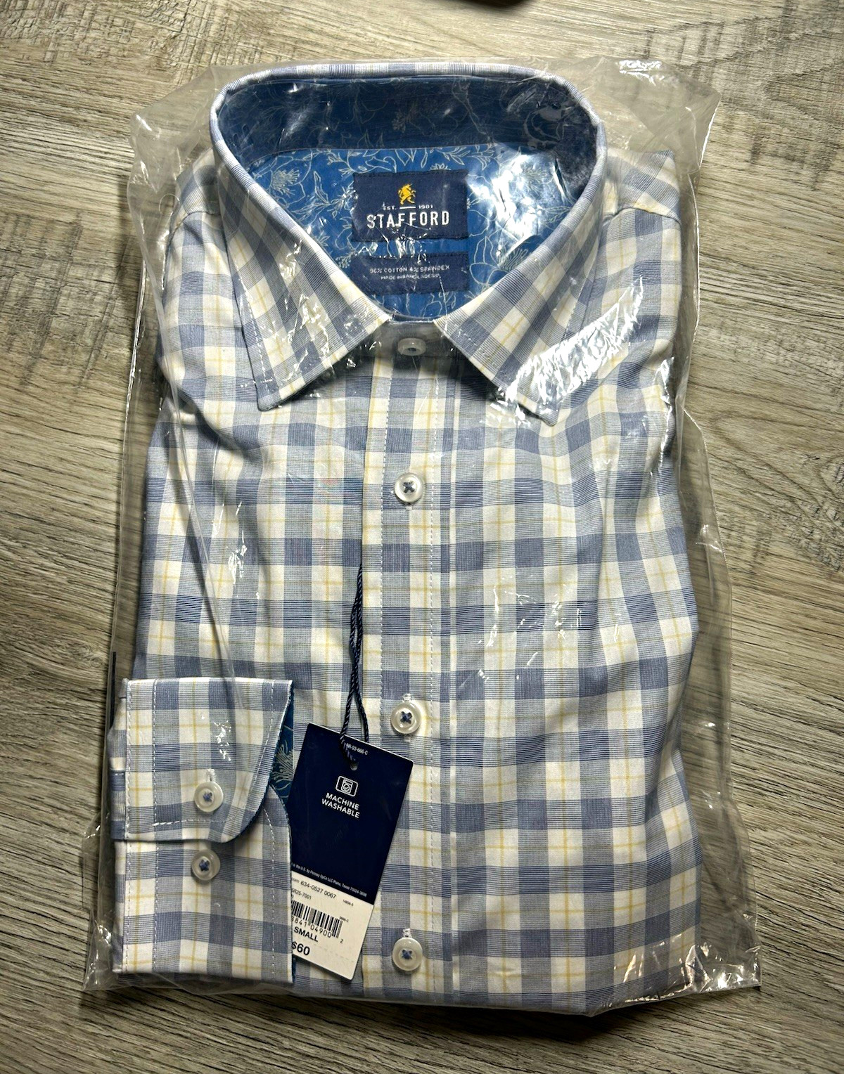Stafford Men’s Regular Fit Plaid Dress Shirt Blue/Yellow/White 14-14.5 32/33