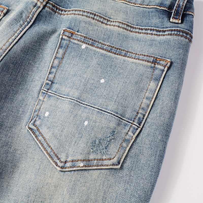 Men’s Vintage Distressed Stretch Denim Skinny Jeans with Patches and Studs