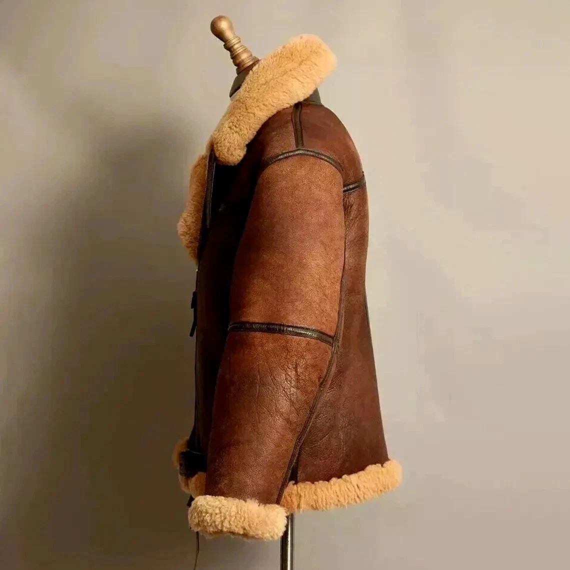 Men’s Brown Bomber Faux Shearling Jacket Real Sheepskin Leather RAF Aviator Coat