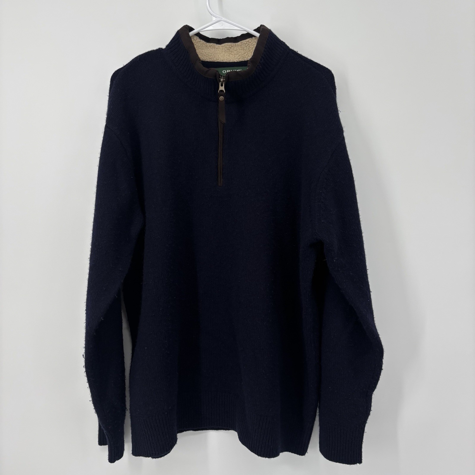 Orvis Sweater Mens XL Navy Blue 100% Merino Wool Quarter Zip Pullover