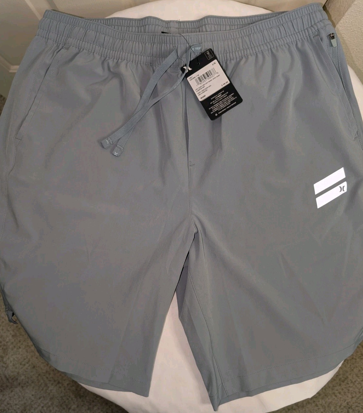 Hurley Men’s Gray Polyester Athletic Shorts Drawstring Pockets Inseam Logo