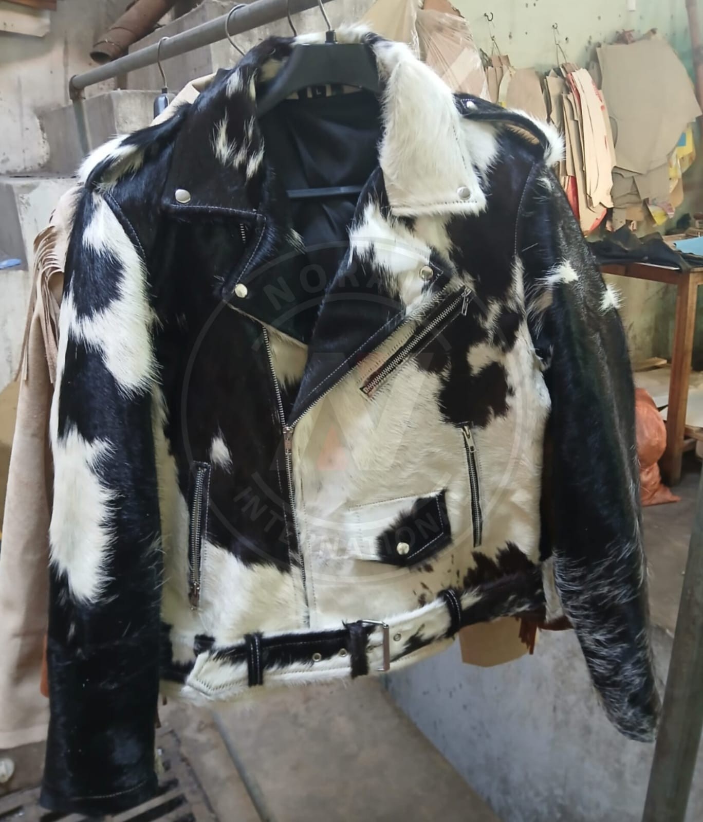 Men’s Black White Hair On Cowhide Leather Jacket Genuine Hide Biker Jacket