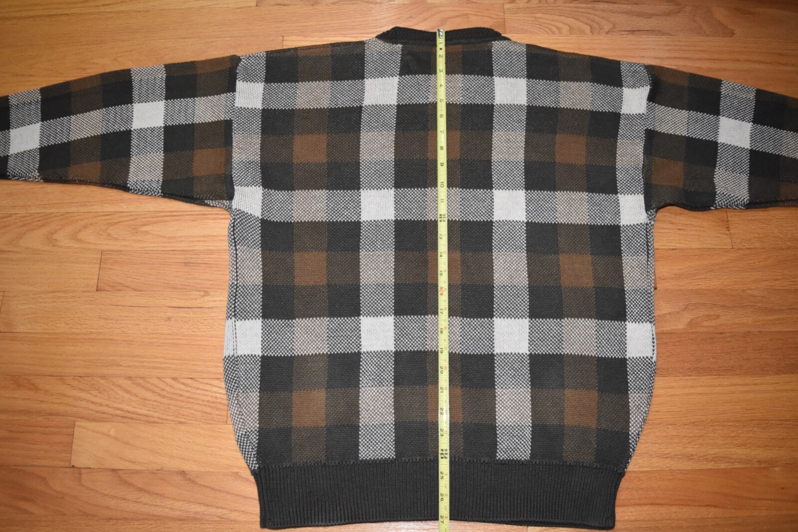 Woods & Gray Brown Plaid Knit Sweater Crewneck Check Aprés Ski Cotton Mens M