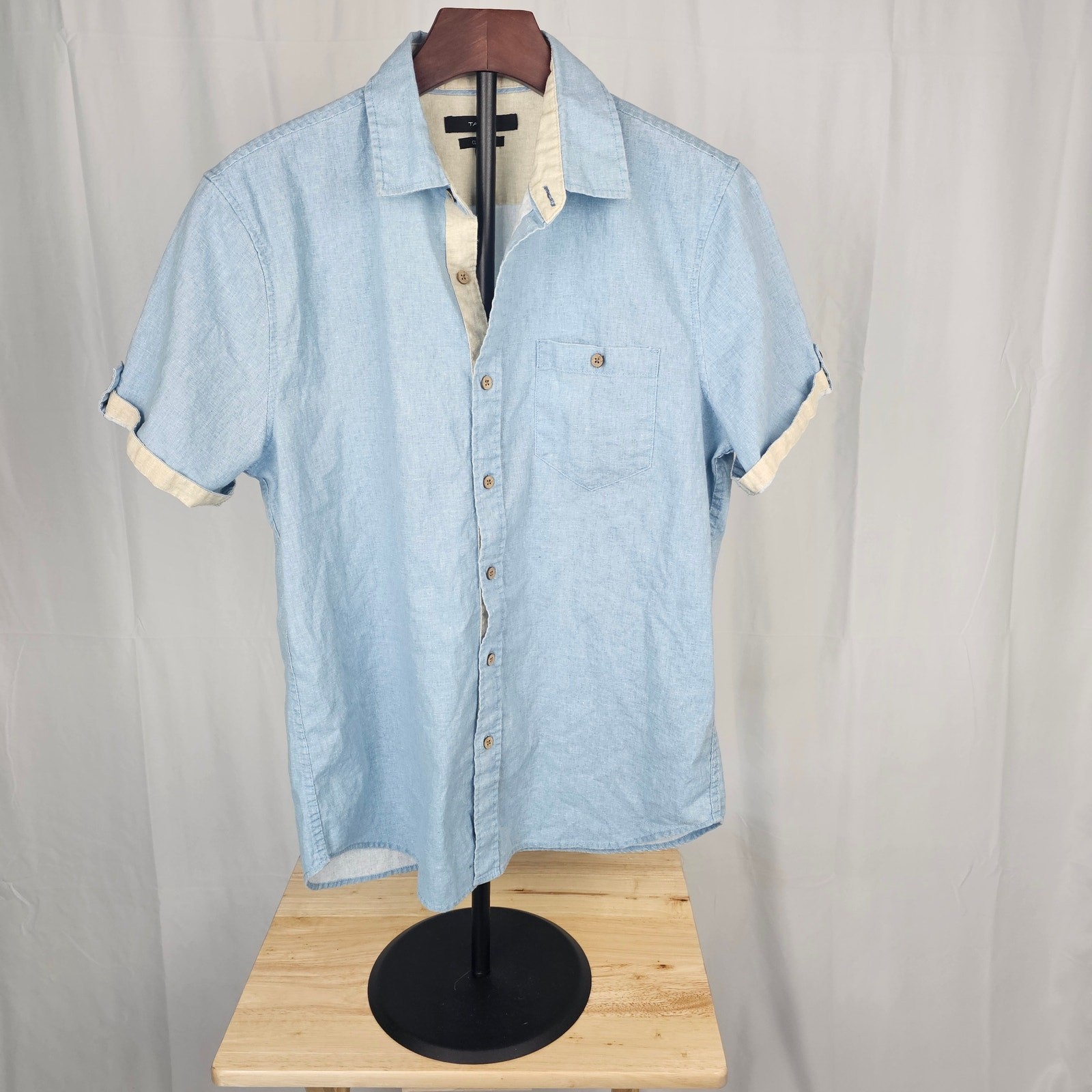 Tahari Mens Linen Cotton Button Up Shirt M Blue Short Sleeve Classic Fit
