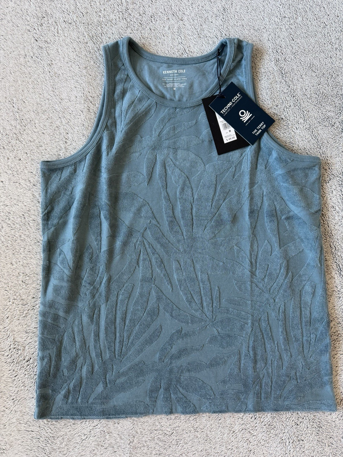 Kenneth Cole TECHNI-COLE Men’s M Blue Floral Textured Terry Tank Top Scoop Neck