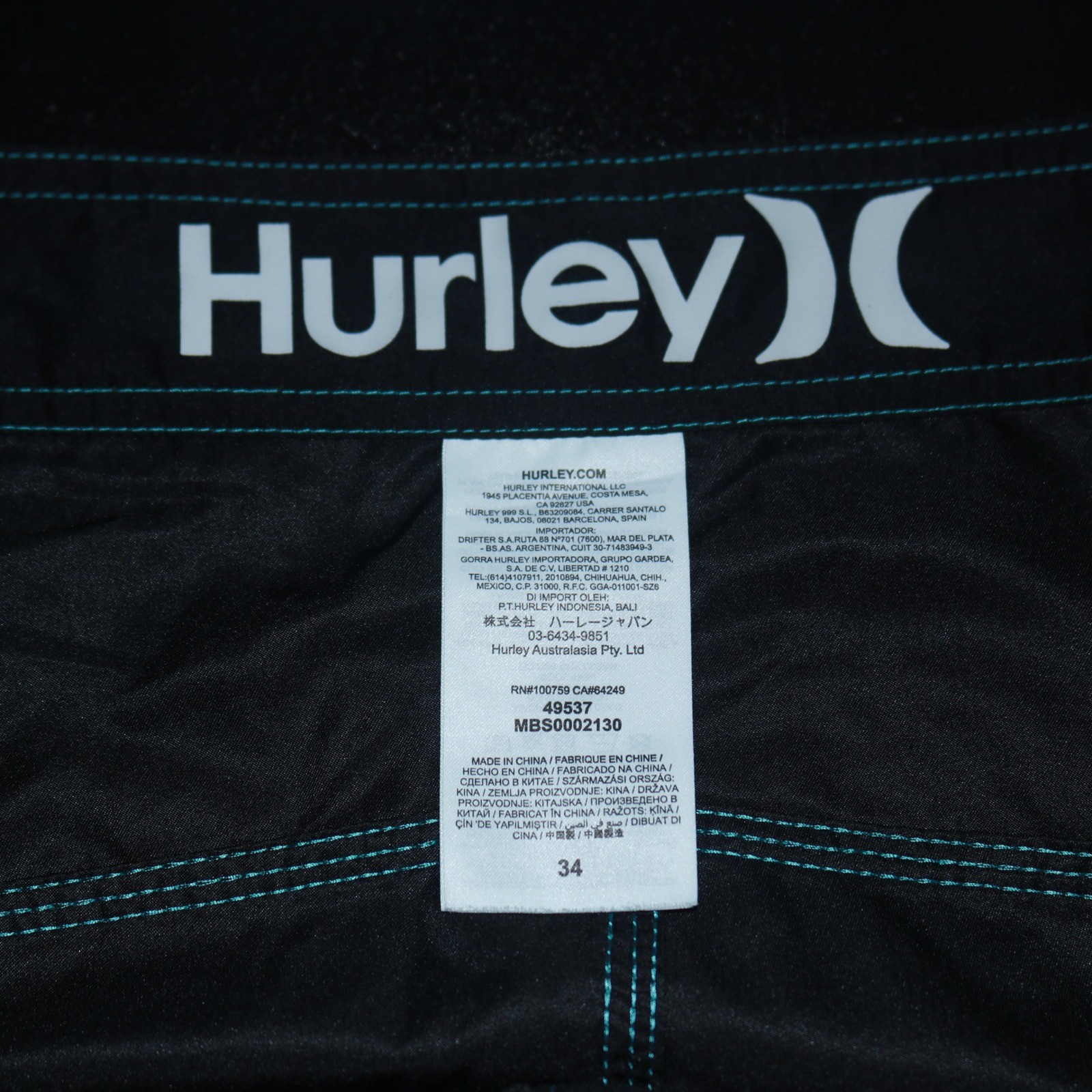Hurley Mens Board Shorts Black Teal Contrast Stitching Size M