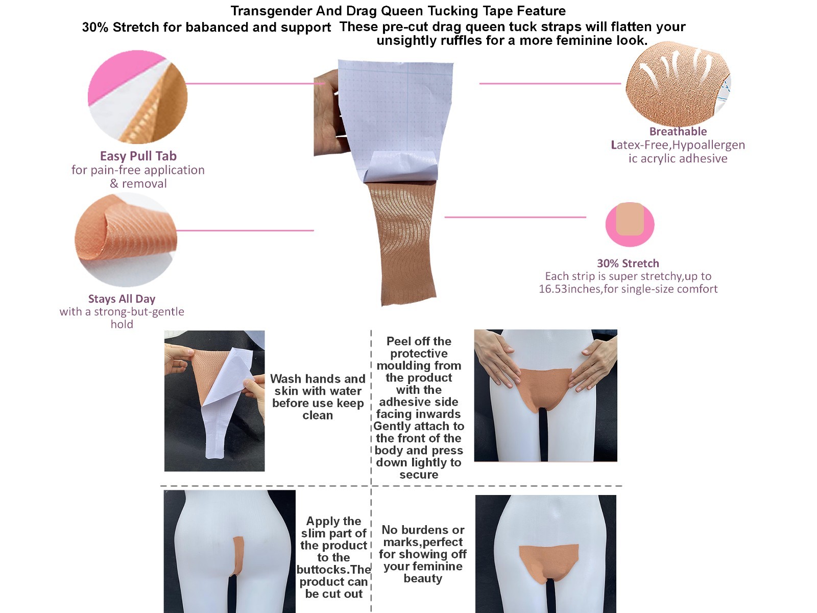 BIMEI Tucking Tape Kit Self-adhesive Reusable Transgender Crossdresser,3 Colors