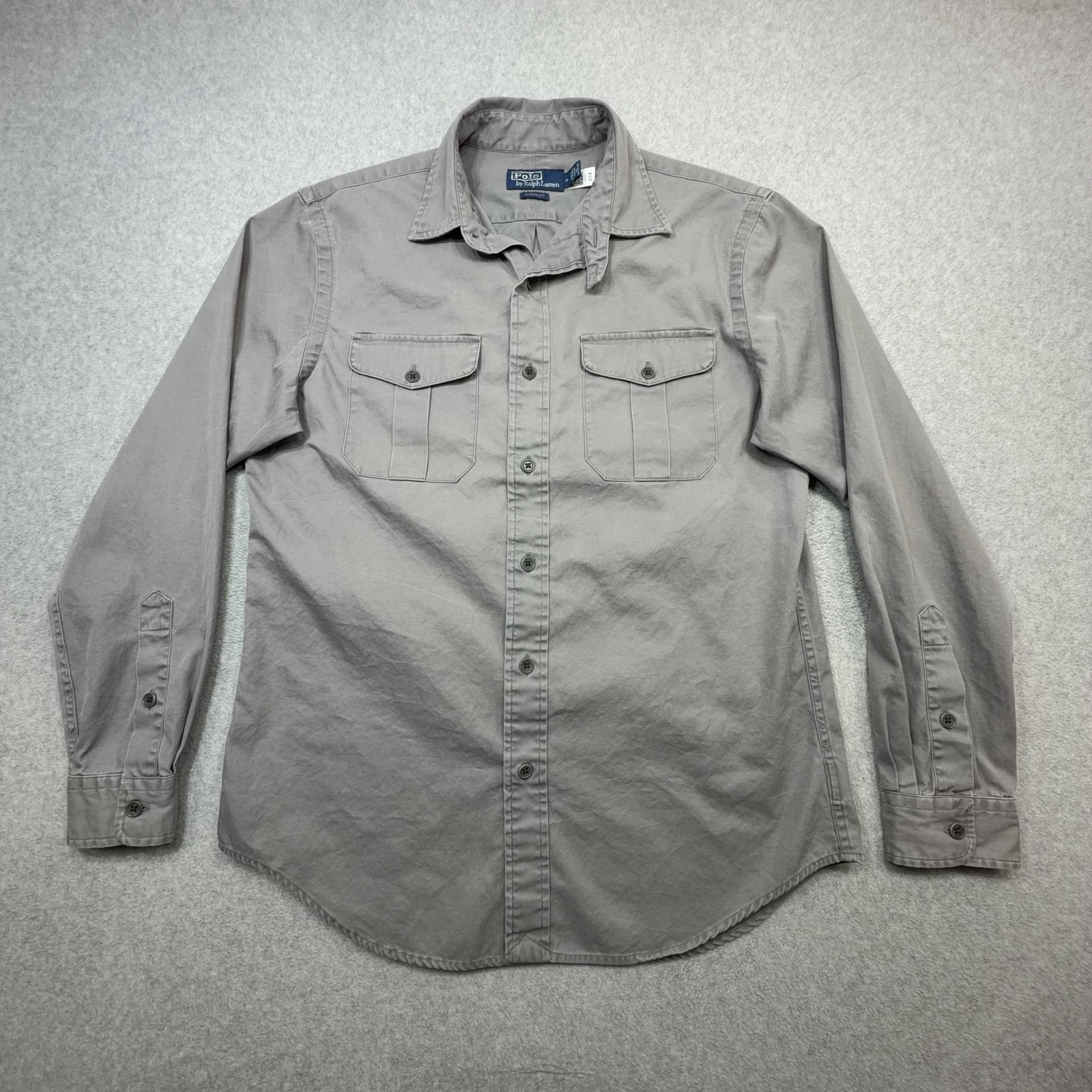 Polo Ralph Lauren Work Shirt Mens Medium Gray Long Sleeve Two Pocket Chin Strap