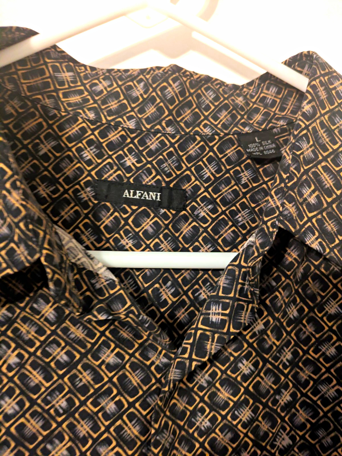 Alfani Men’s Geometric Silk Woven Short Sleeve Button-Up Point Collar L