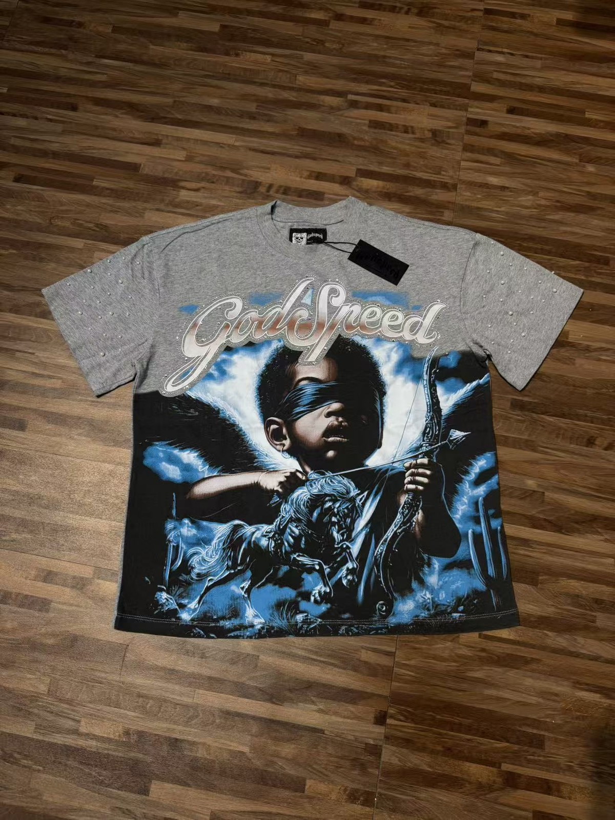 Mens NEW Godspeed Skeleton Blindfolded child angel print Short sleeved T-shirt