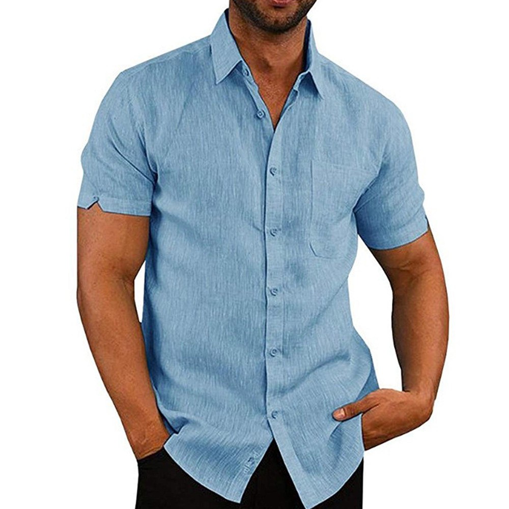 Mens Solid Short Sleeve Button Turn Down Collar Casual Blouse Casual T-shirt Top