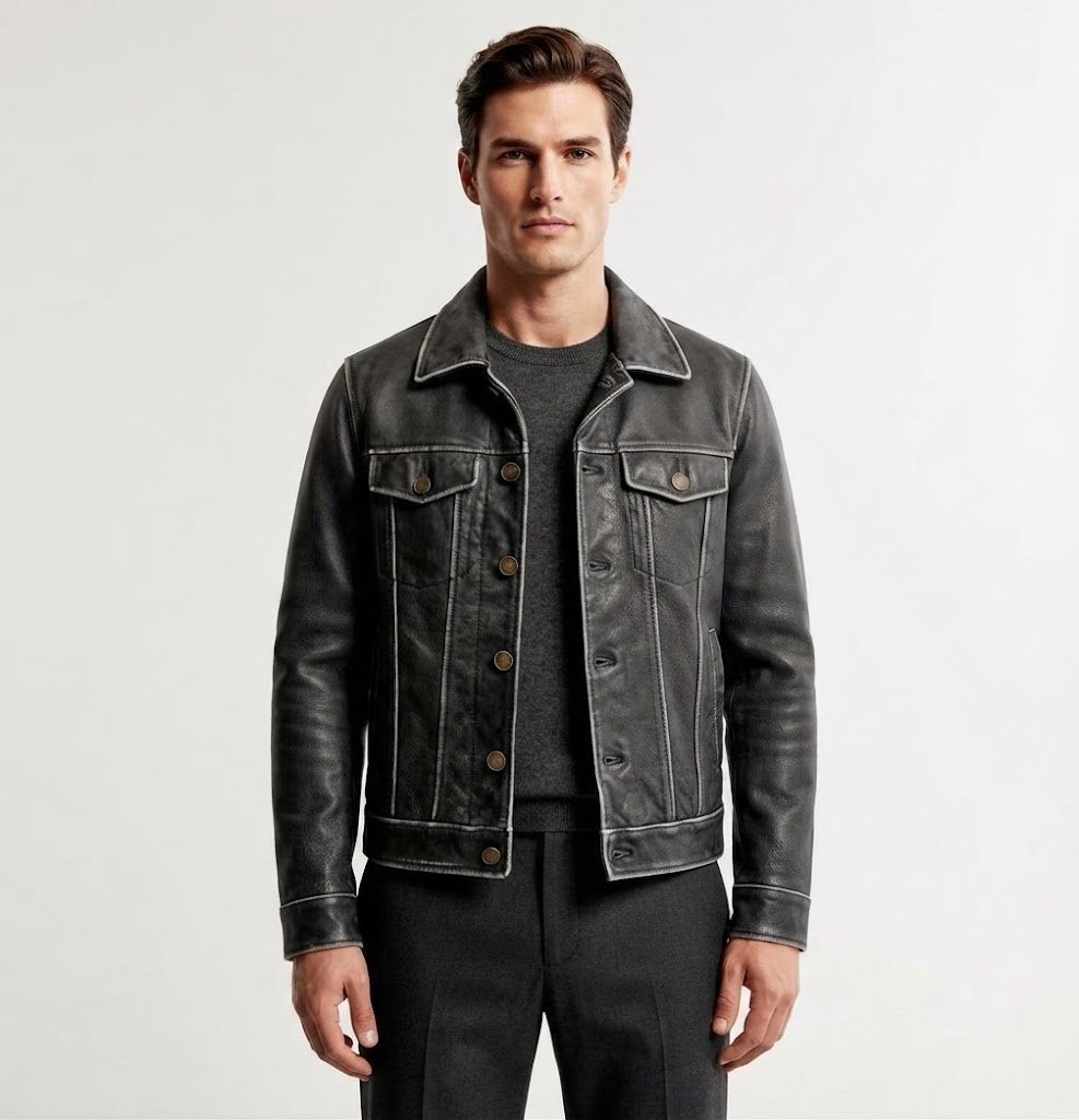 Men’s Distressed Grey Leather Trucker Jacket Real or Faux Leather Vintage Denim