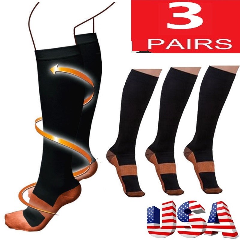 (3 Pairs) Copper Infused Compression Socks 20-30mmHg Graduated Mens Womens S-XXL