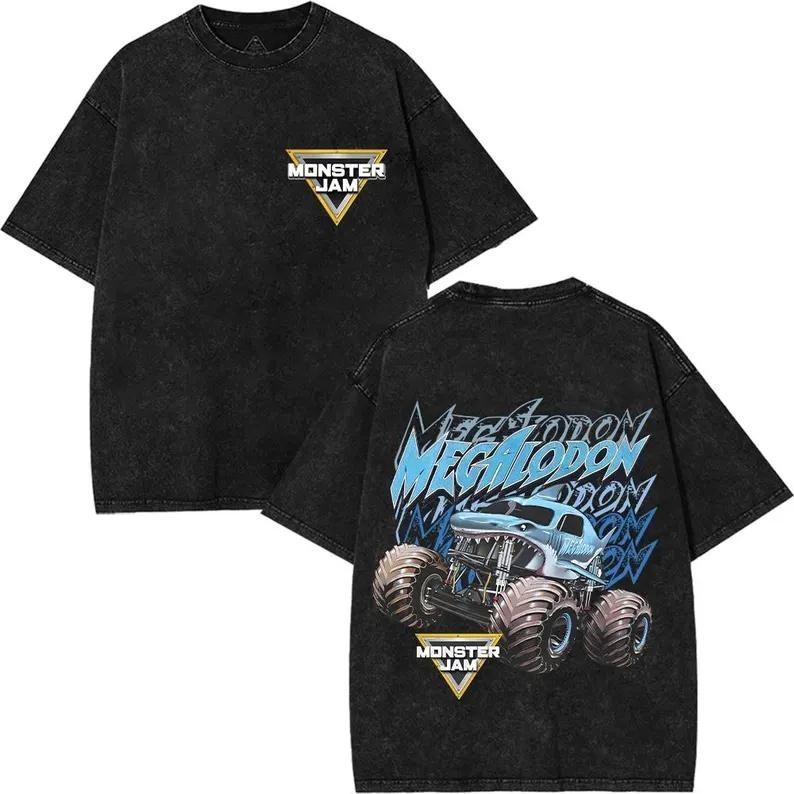 Casual Black Washed Monster Jam Megalodon Shark Monster Truck Off‑Road Racing Gr
