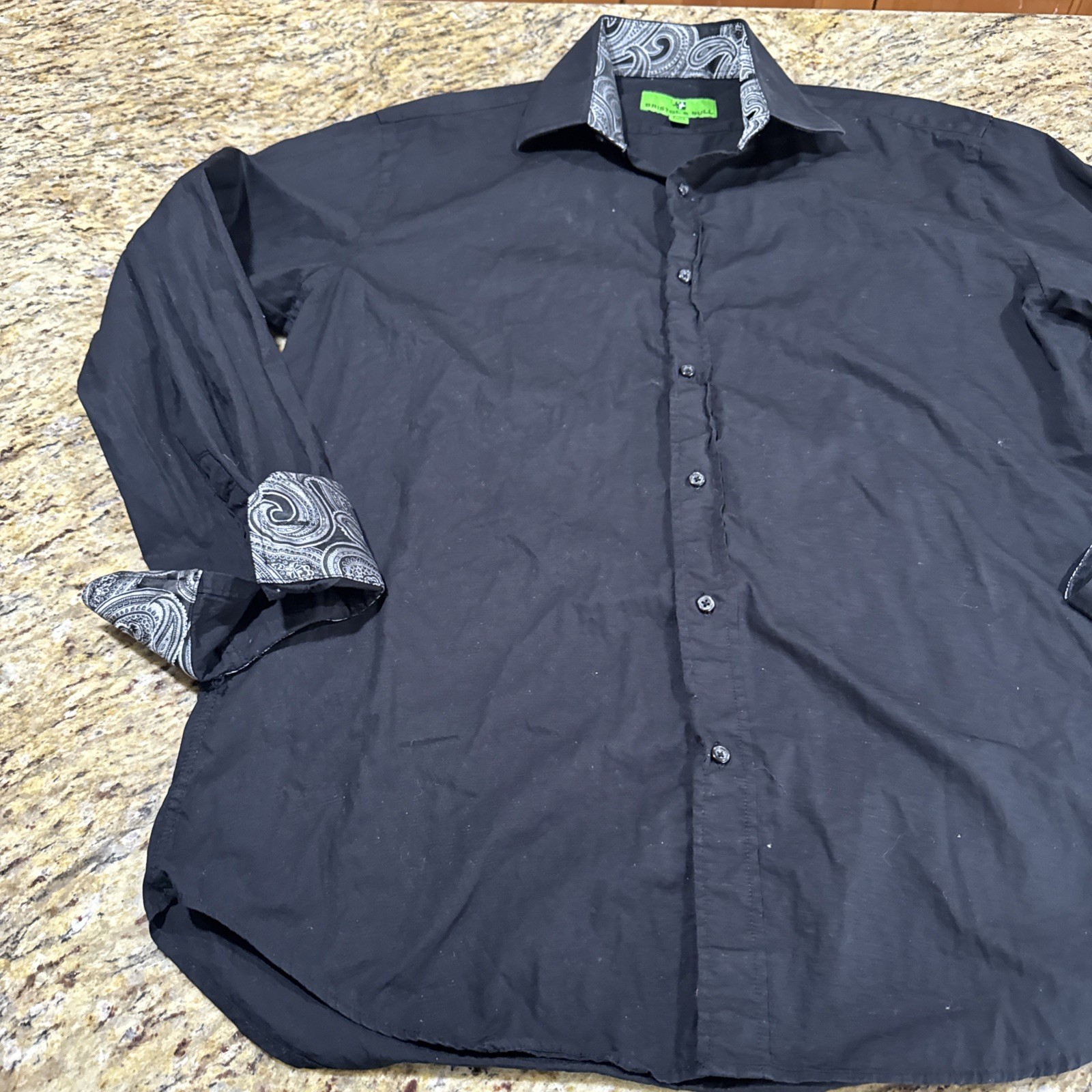 Bristol & Bull Shirt Men’s (L)Black With Check Silver Paisley Flip Cuff L/sleeve