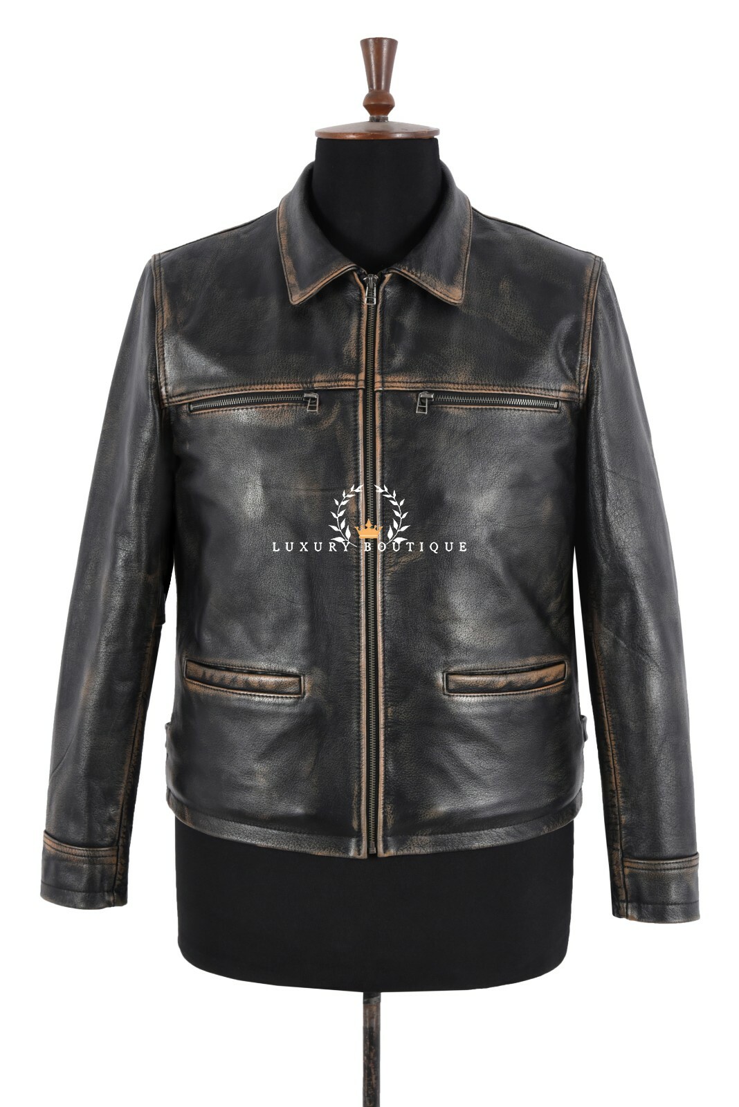 Men’s Zip Up Box Distress Leather Black Jacket Classic Casual Semi Fitted Coat
