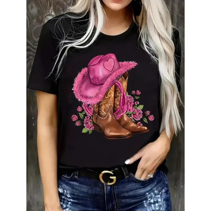 Plus Size Women’s Casual Short Sleeve T-Shirt – Boots & Hat Print Tee