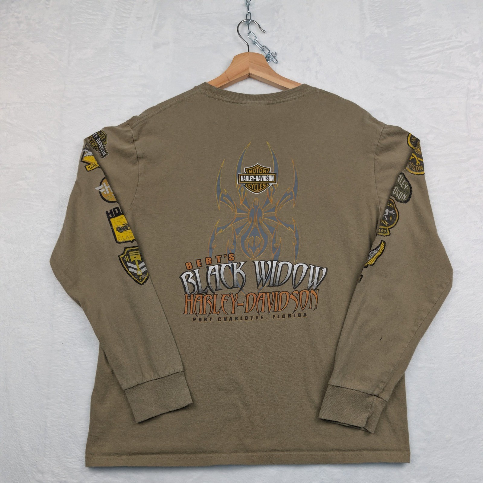 Harley-Davidson Shirt Men’s L Olive Long Sleeve Black Widow Patch Graphic Biker