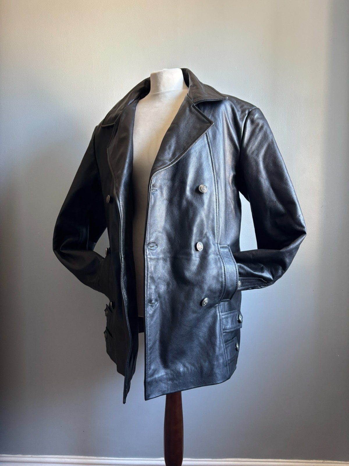 Mens military leather JACKET COAT heavy distressed 42 44 large black SMART RANGE