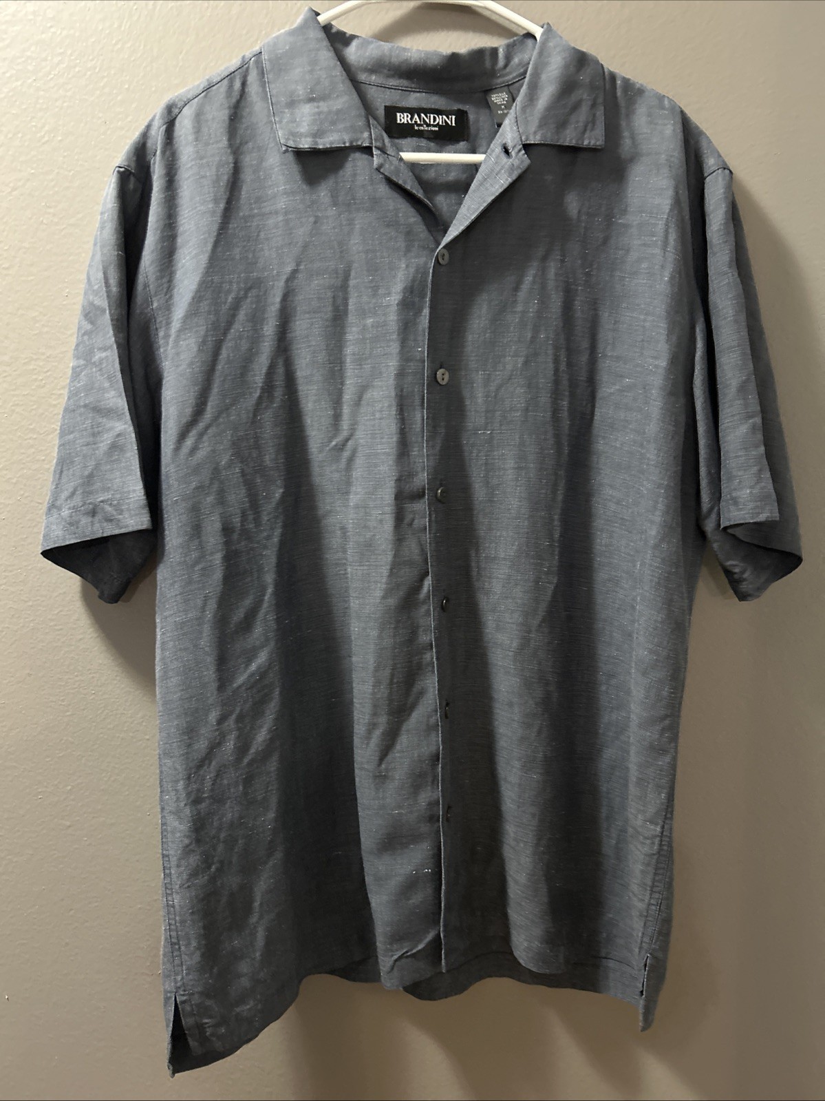 Brandini Silk & Linen Short Sleeve Men’s Medium Blue Button Down Collard Shirt