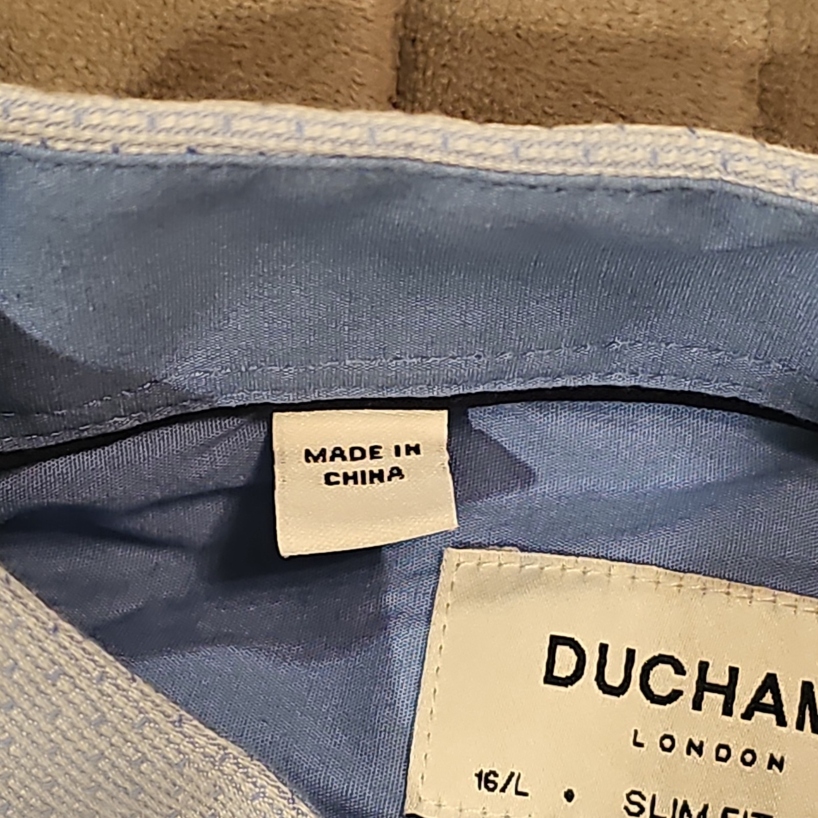Duchamp London Mens 16 L Slim Fit Blue Cotton Stretch Dress Shirt Contrast Trim