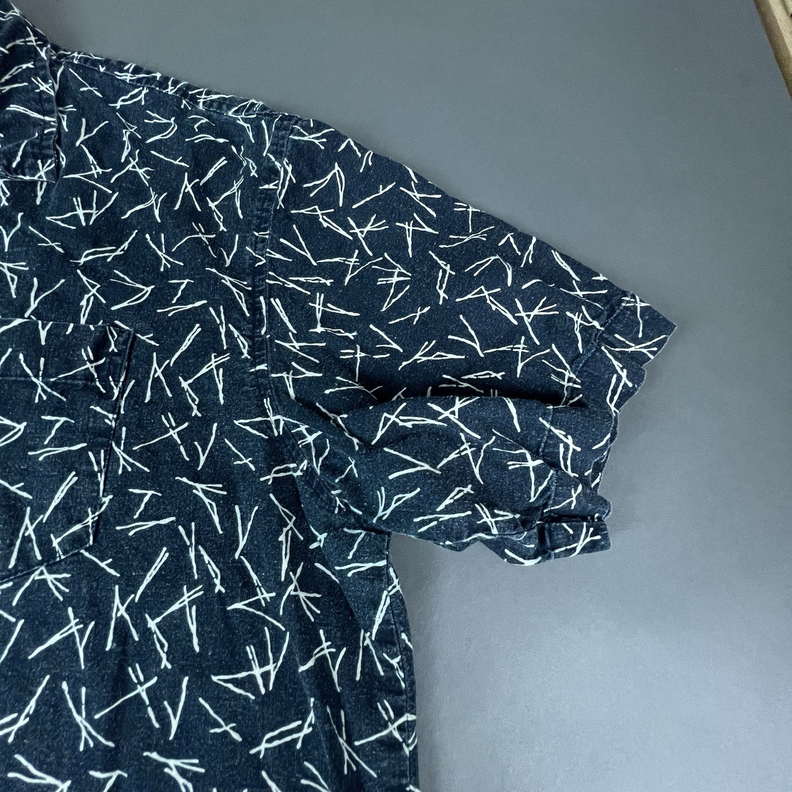 Line of Trade Button Shirt Men Size 2XL Blue Geometric Linen Blend Short Sleeve