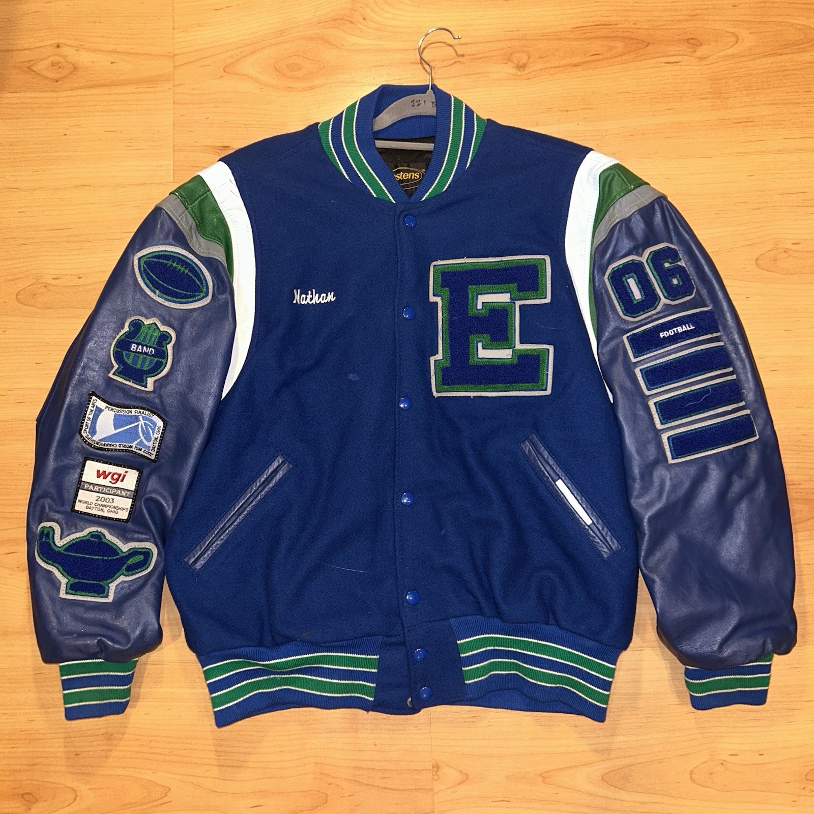 06 Holloway Men’s XL Blue/Green Varsity Jacket Snap Front Patches Lined Pockets