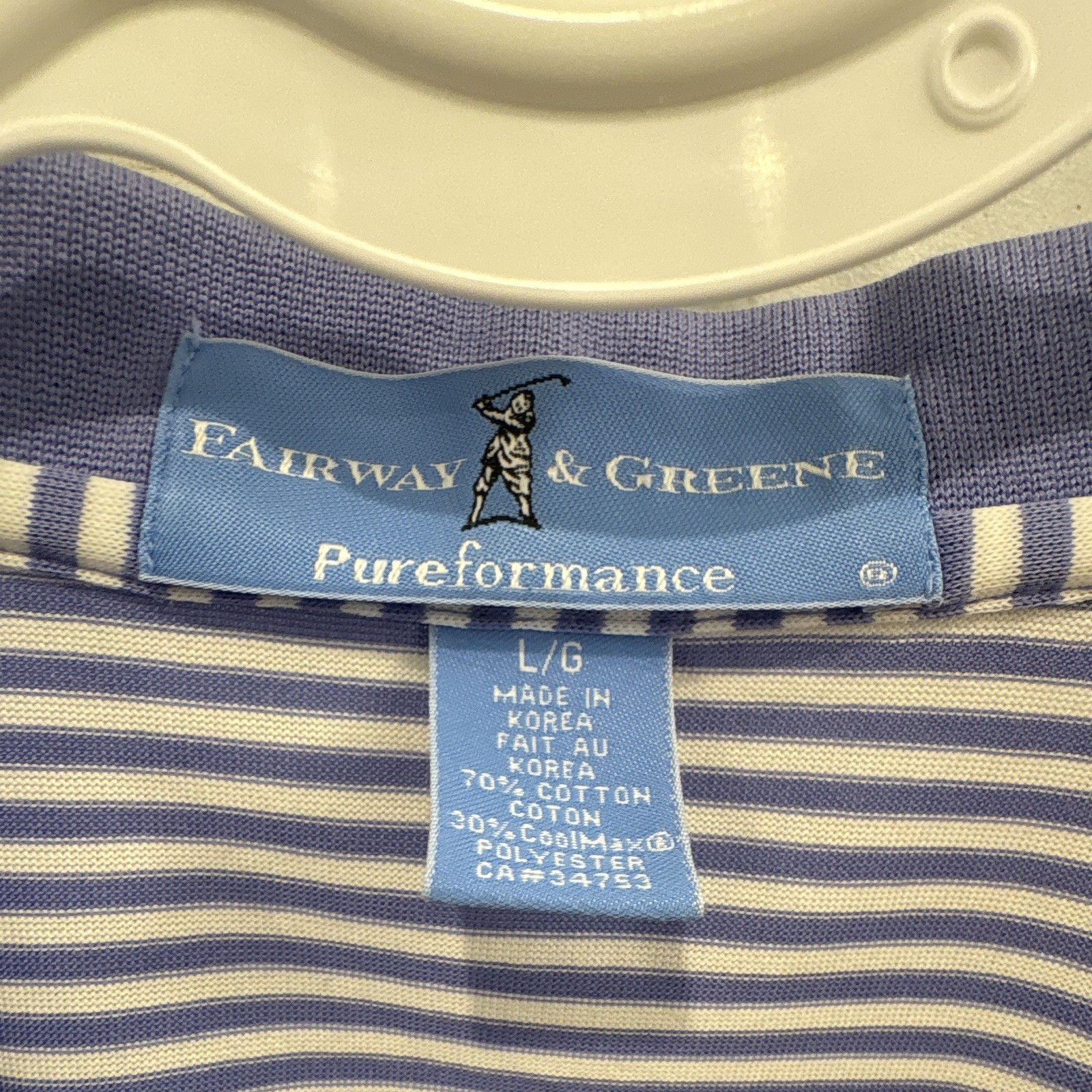 Fairway & Greene Pureformance Men’s Blue/White Striped Polo Shirt L Collared