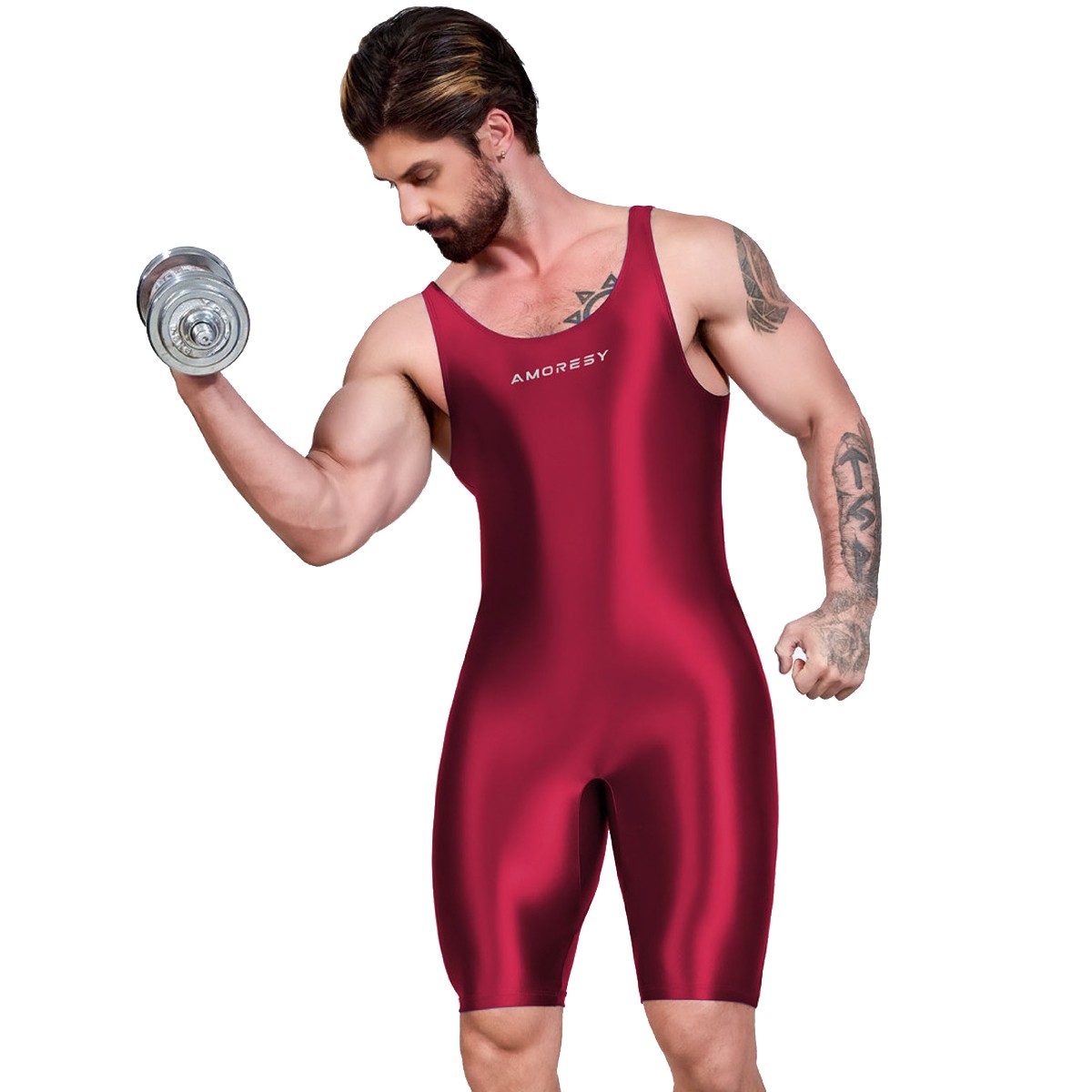 AMORESY Men Satin Oil Tracksuits Running Fitness Yoga Tights Sleeveless Bodysuit