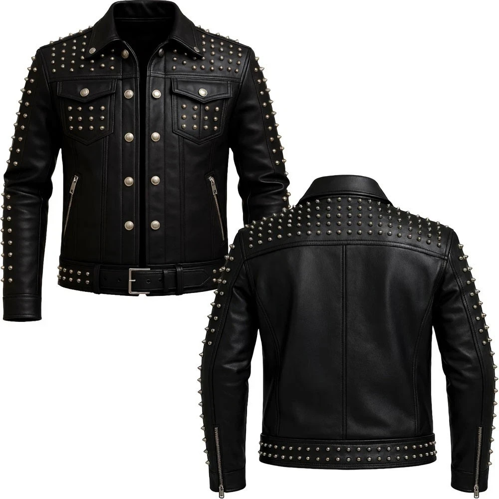Men’s Black Studded Leather Jacket Gothic Punk Biker Moto Real Leather Coat